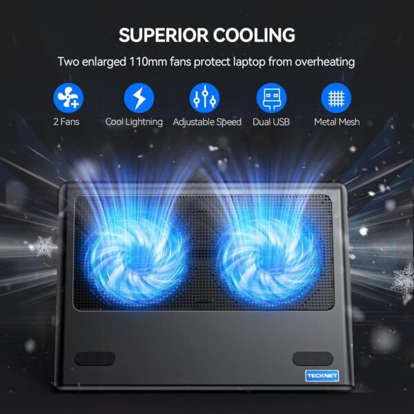TECKNET Laptop Cooling Pad – Adjustable Wind Speed, Dual USB-Powered Fans for 12"-16" Laptops (Blue) - Image 2